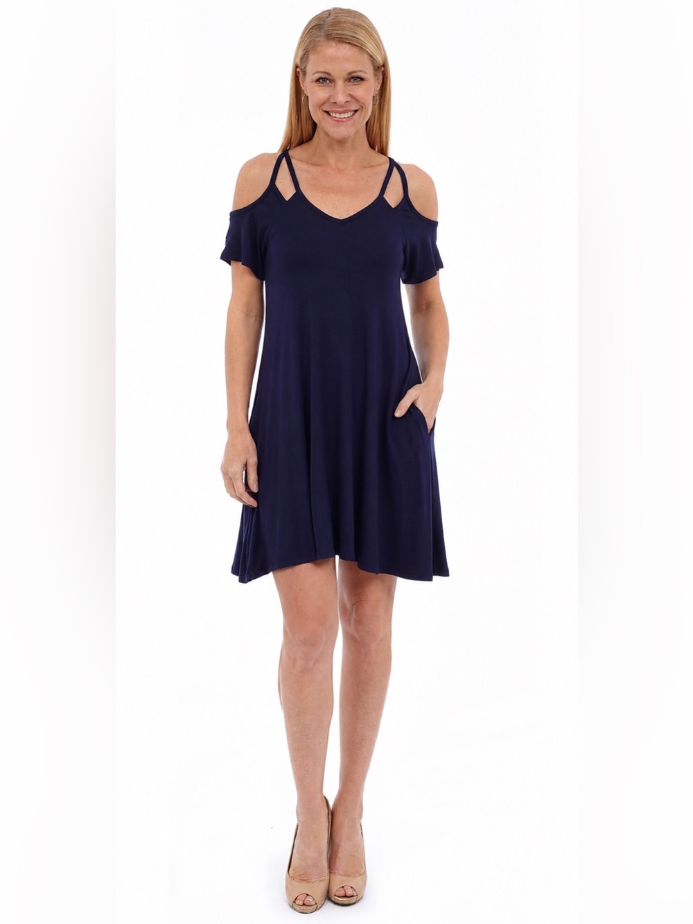 Vanity Cold Shoulder Dress w/pockets-Navy